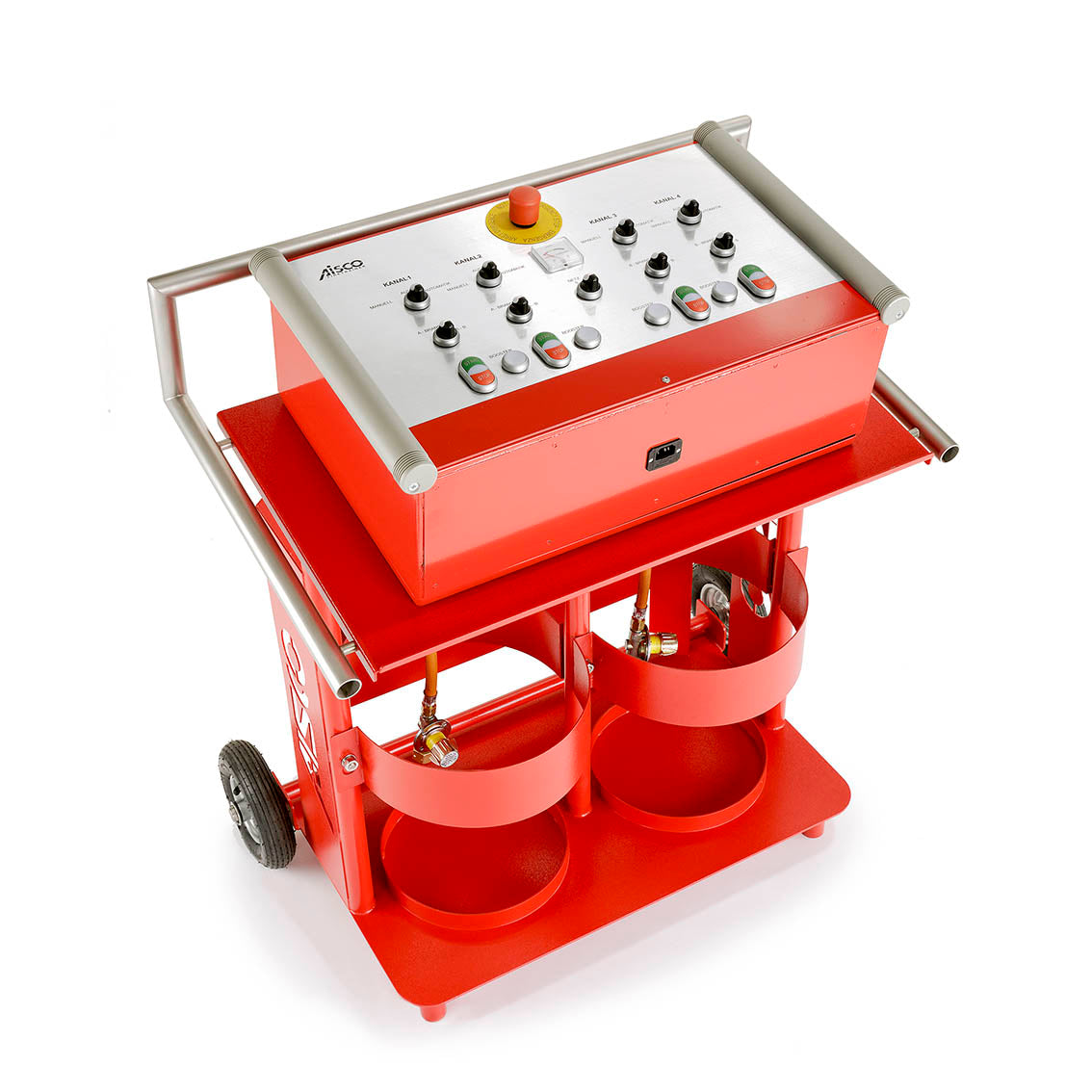 Obenansicht des AISCO Bedienpults F 4 mit klar sichtbarer Schaltfläche – präzise Steuerungseinheit für Firetrainer-Systeme mit 4 Kanälen