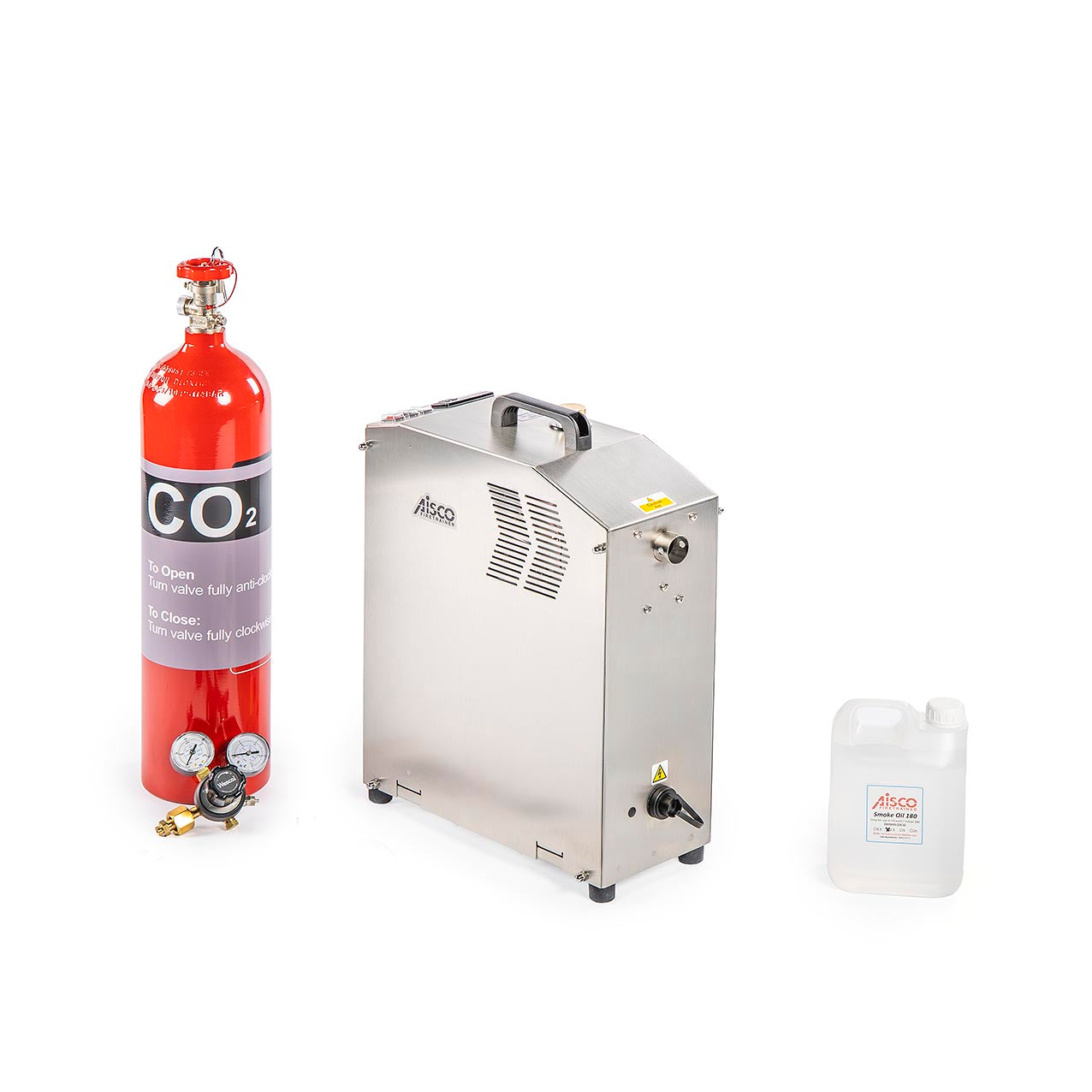 Rauchgenerator Scirocco mit CO₂-Flasche und Rauchölkanister auf weißem Hintergrund