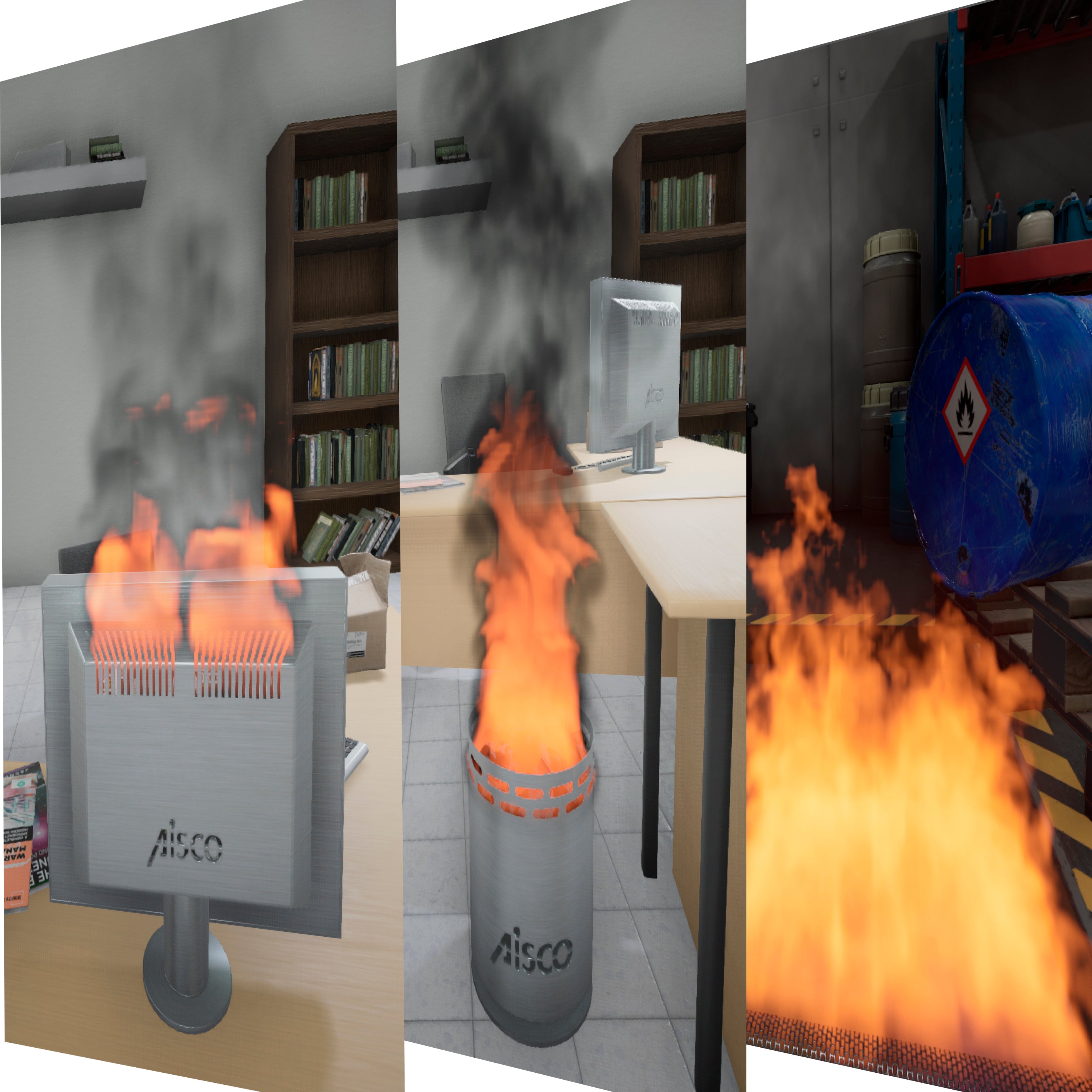 Drei Trainingsszenarien mit dem AISCO Firetrainer IndoorTrainer – realistisches Feuerlöschtraining für Feststoff-, Flüssigkeits- und Elektrobrände