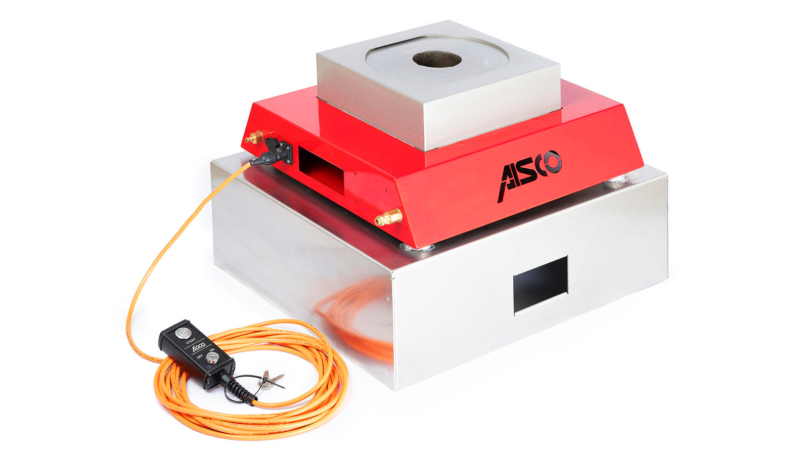 Mobiler AISCO Firetrainer UL 1 in Rot mit Handfernbedienung – platzsparend verstaut auf Transportbox für Brandschutztraining