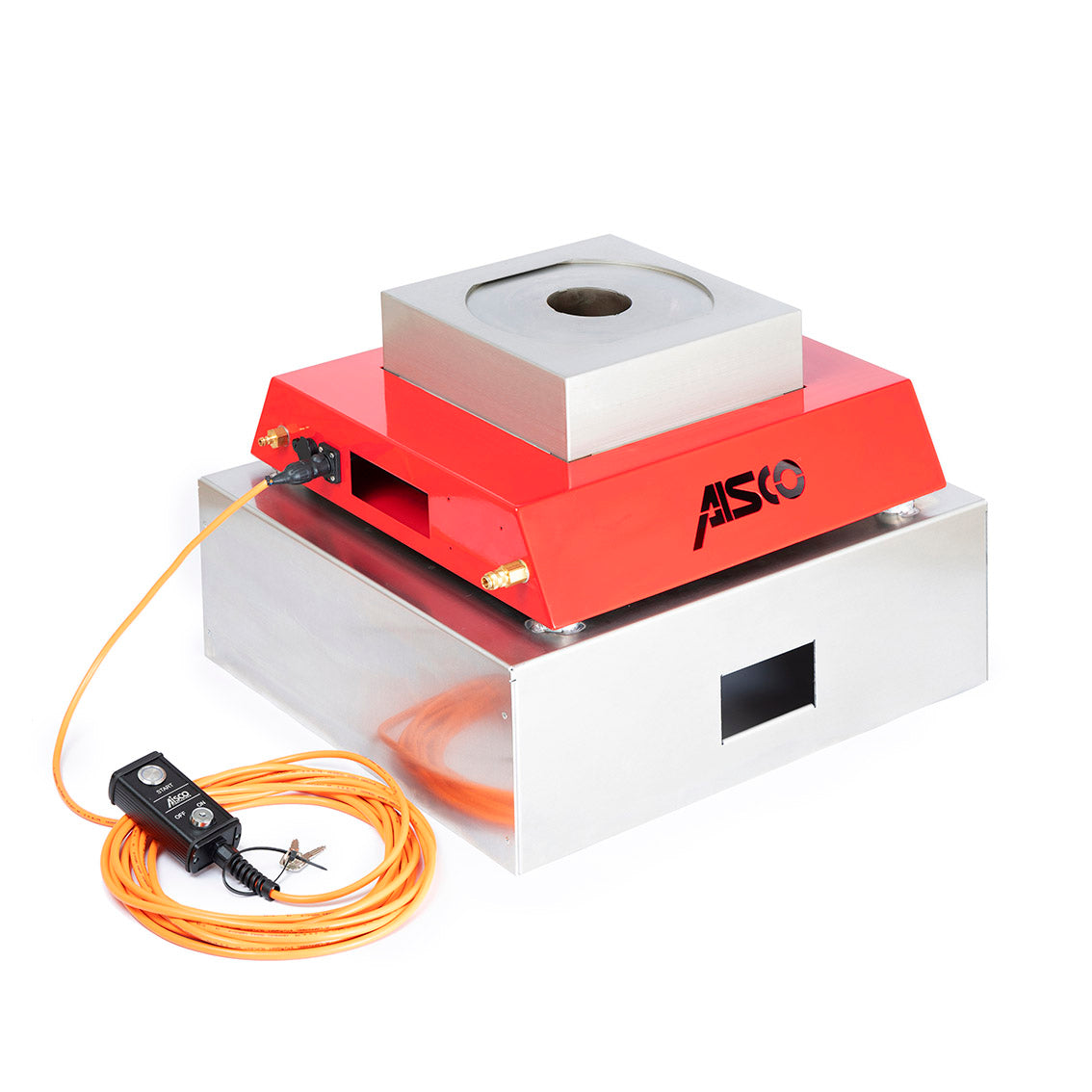 Mobiler AISCO Firetrainer UL 1 in Rot mit Handfernbedienung – platzsparend verstaut auf Transportbox für Brandschutztraining
