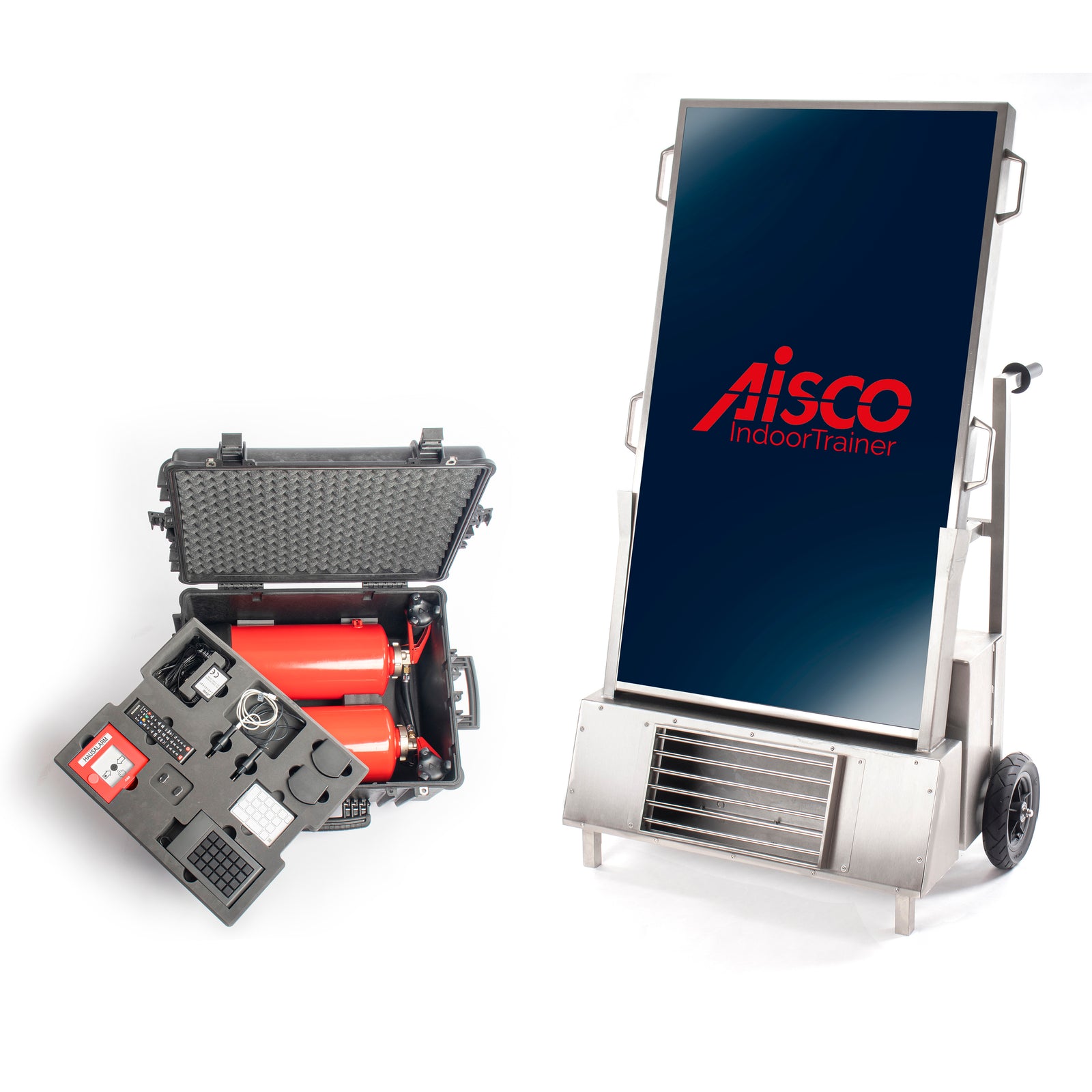 Scope of delivery for the AISCO IndoorTrainer with accessory case, transport bag, and side table