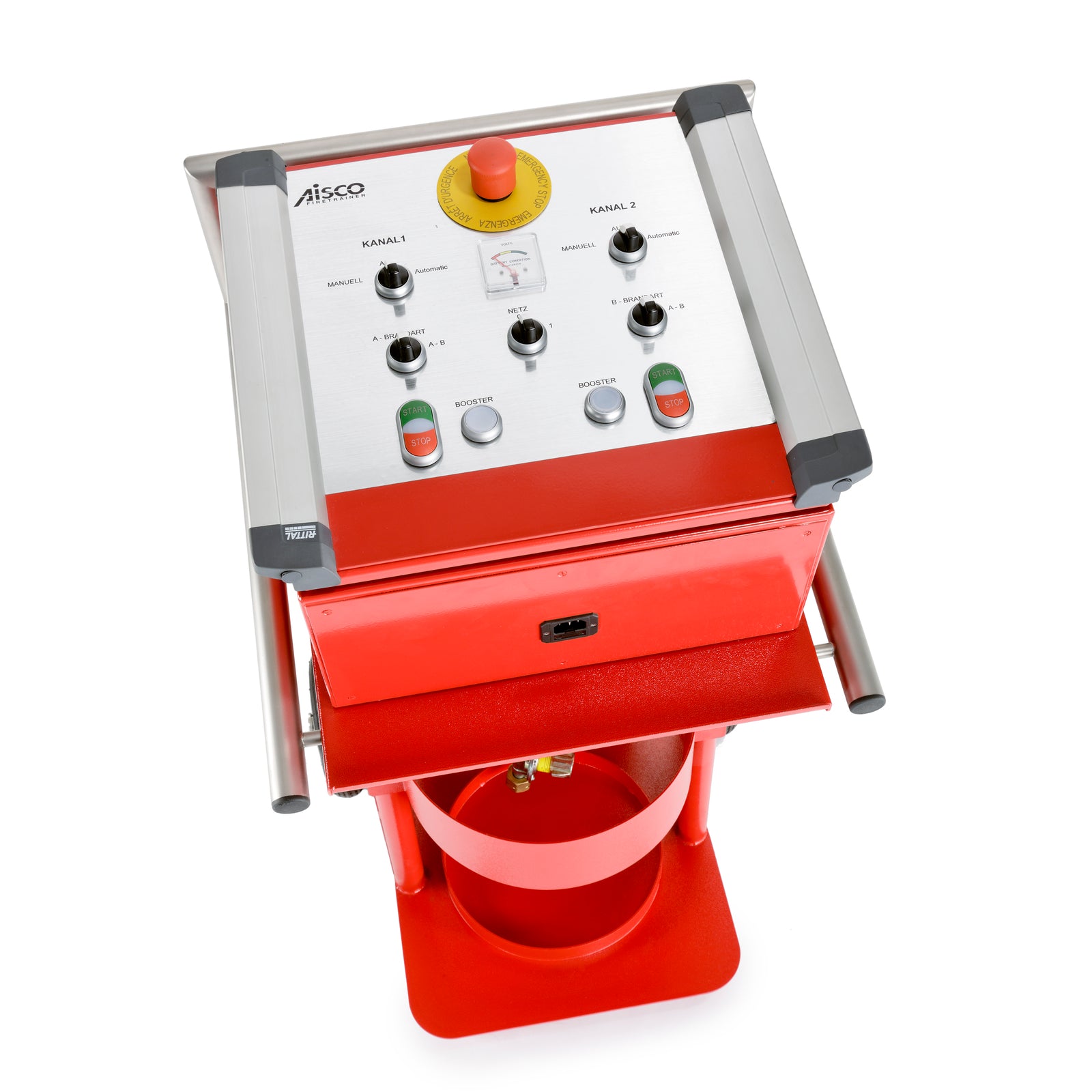 Close-up of the AISCO Control Panel F 2 button from a bird's-eye view - precise control unit for fire trainer systems