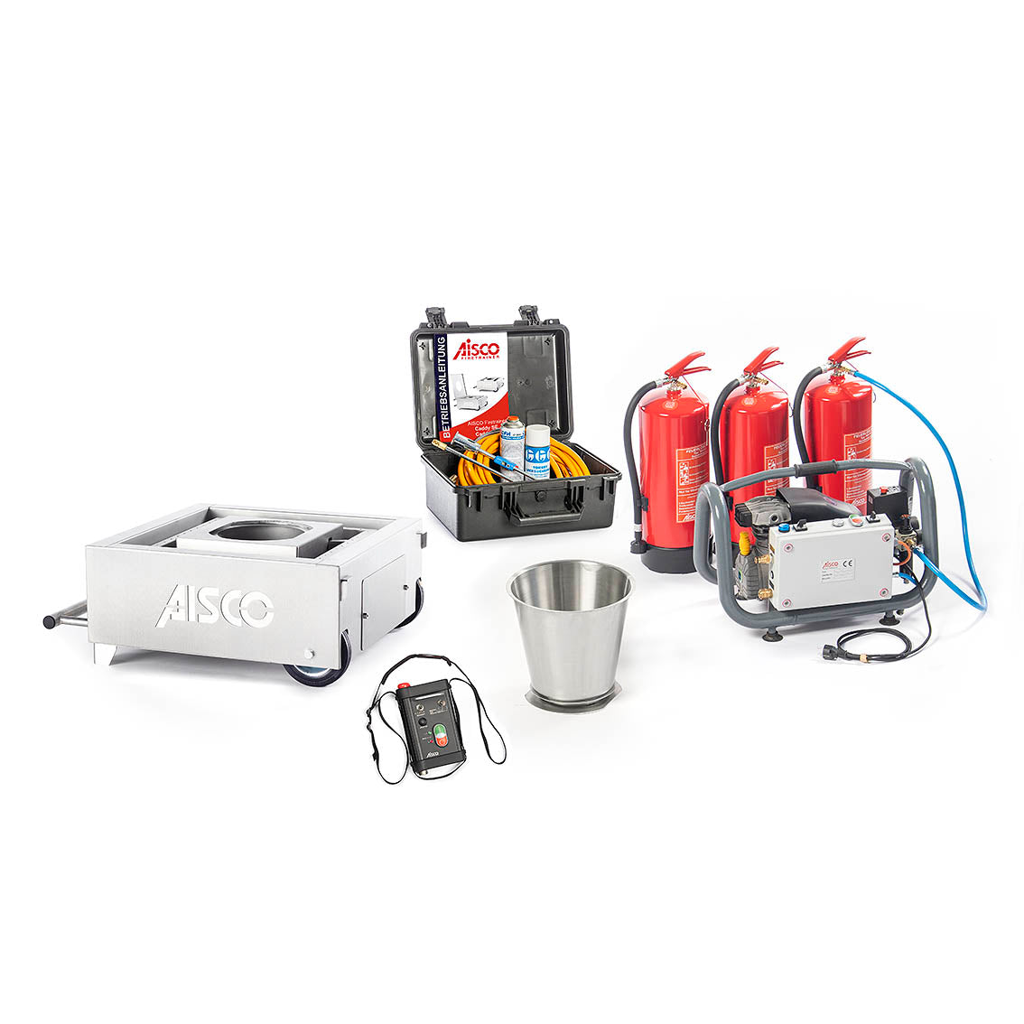 AISCO Firetrainer Caddy SE Set mit Füllstation K1, 3 Übungslöschern, Papierkorbaufsatz und Zubehörkoffer für Brandschutzübungen