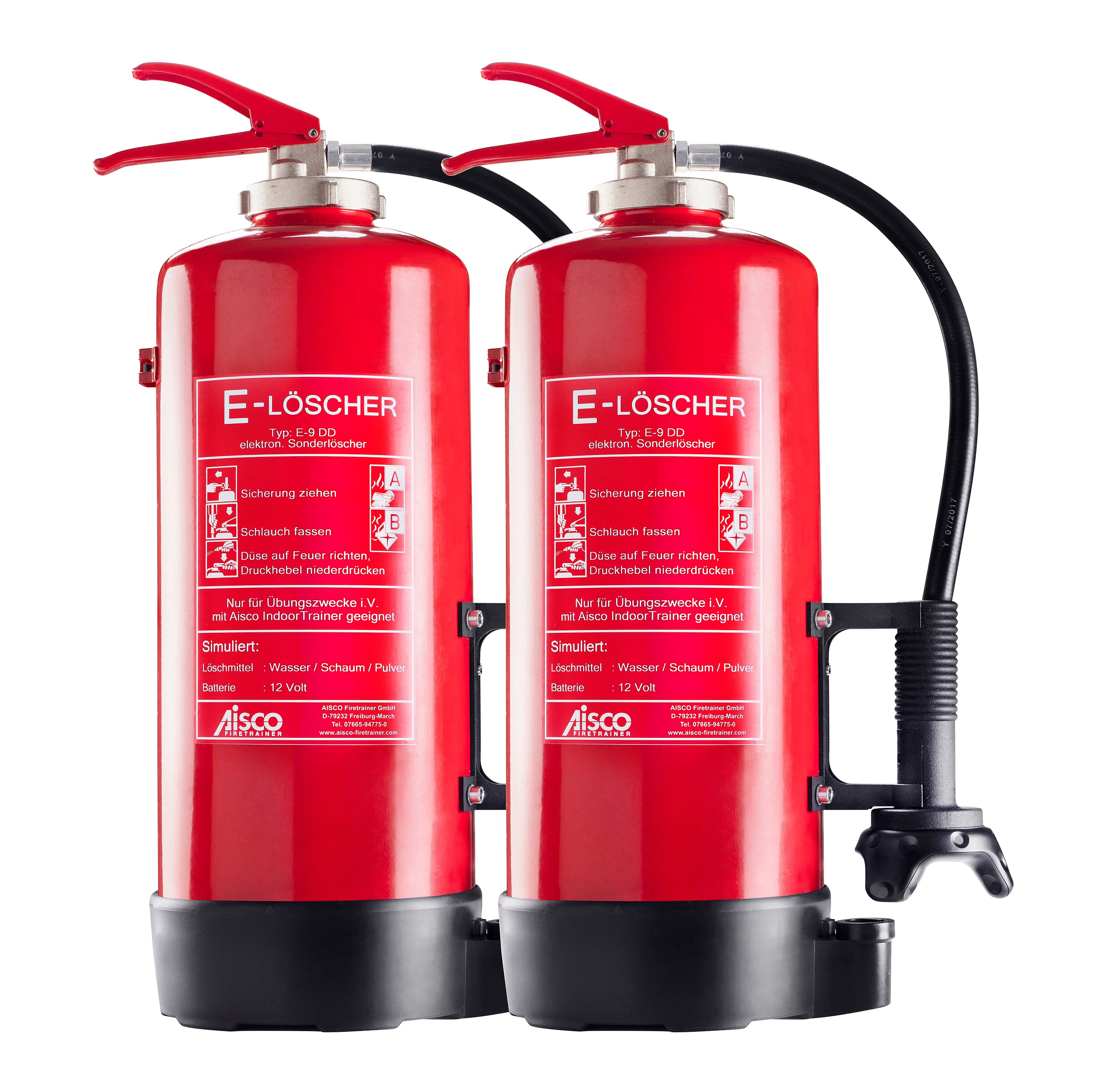 Zwei AISCO Firetrainer E-Löscher für IndoorTrainer – elektronische Löschgeräte für sicheres und realistisches Brandschutztraining in Innenräumen