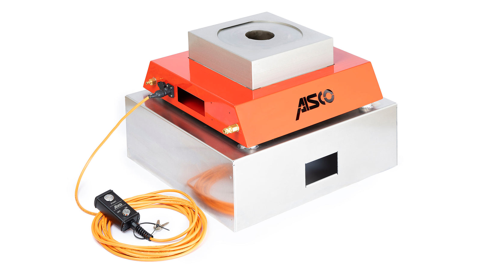 Mobiler AISCO Firetrainer UL 1 in Rot mit Handfernbedienung – platzsparend verstaut auf Transportbox für Brandschutztraining