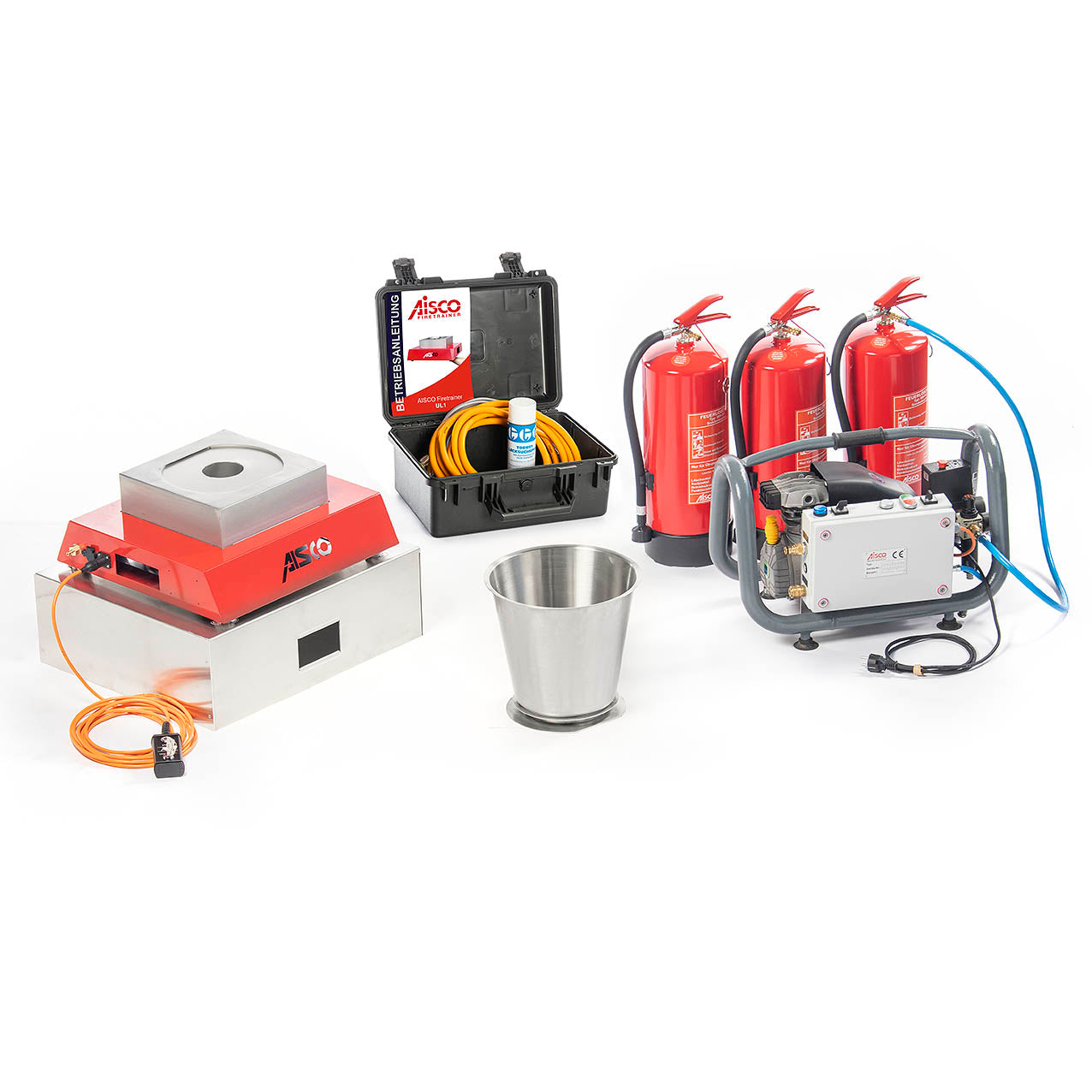 AISCO Firetrainer UL 1 mit Füllstation K1, drei Übungslöschern und Modul Papierkorb für realistische Brandschutzübungen