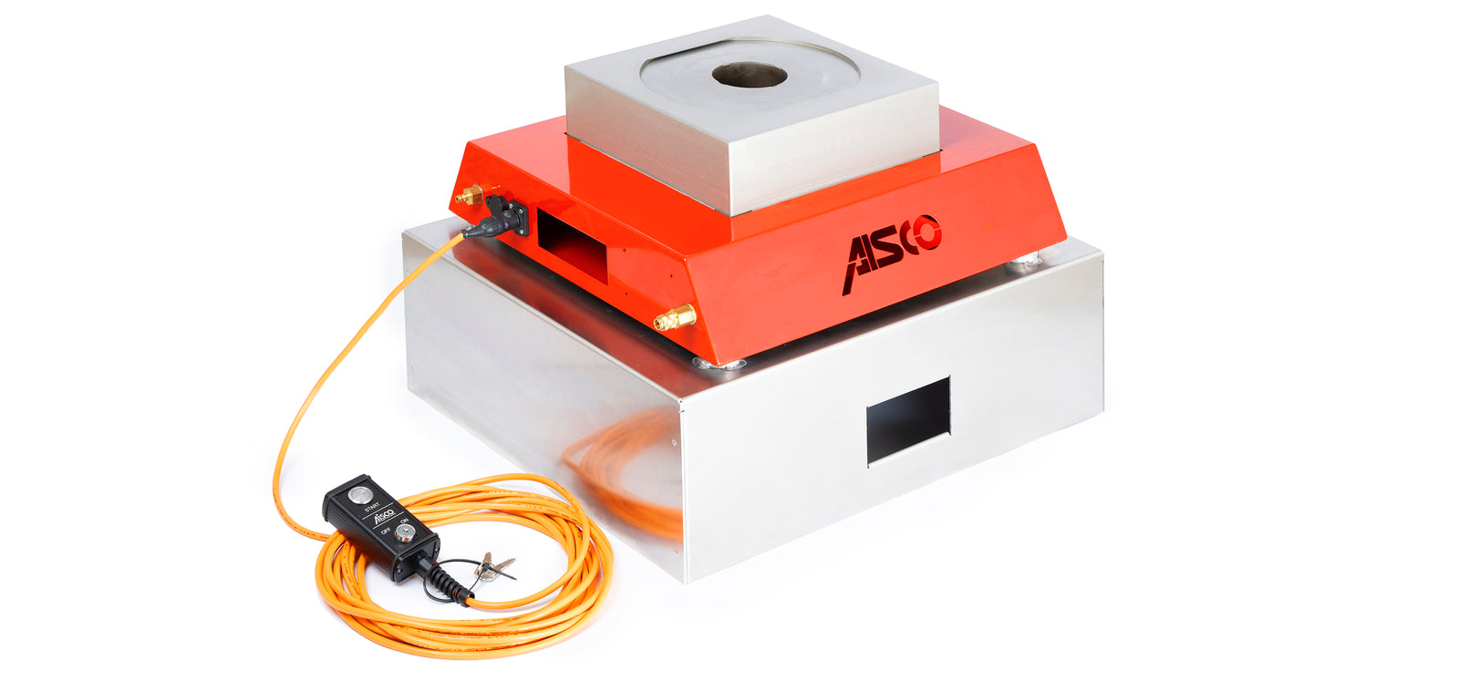 Mobile AISCO Firetrainer UL 1 in red with handheld remote control – space-saving storage on a transport box for fire safety training