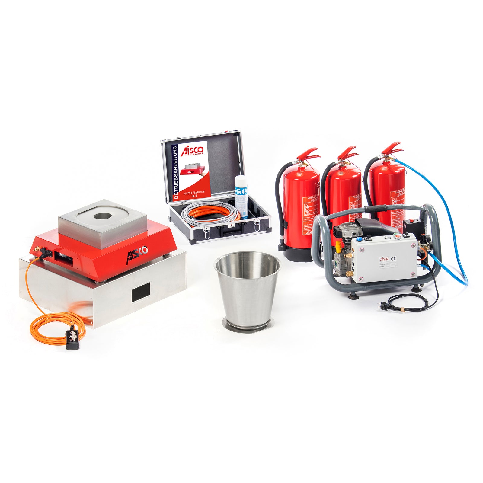 AISCO Firetrainer UL 1 with Filling Station K1, three practice extinguishers, and Wastebasket Module for realistic fire protection drills