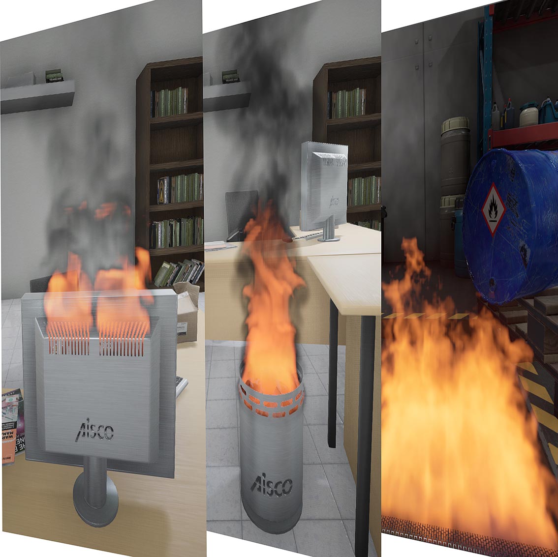 Drei Trainingsszenarien (Feststoff-, Flüssigkeits- und Elektrobrände) auf dem Display des AISCO IndoorTrainer für realistisches Feuerlöschtraining