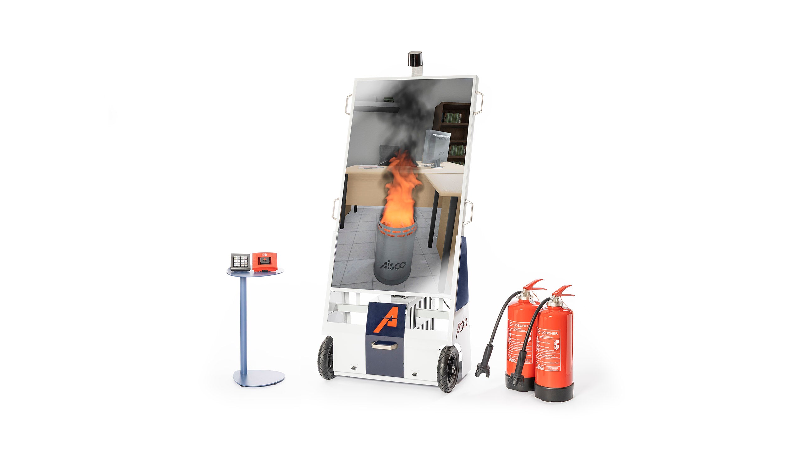 AISCO IndoorTrainer komplettes Set, auf dem Display ein brennender Papierkorb für digitale Brandsimulationen