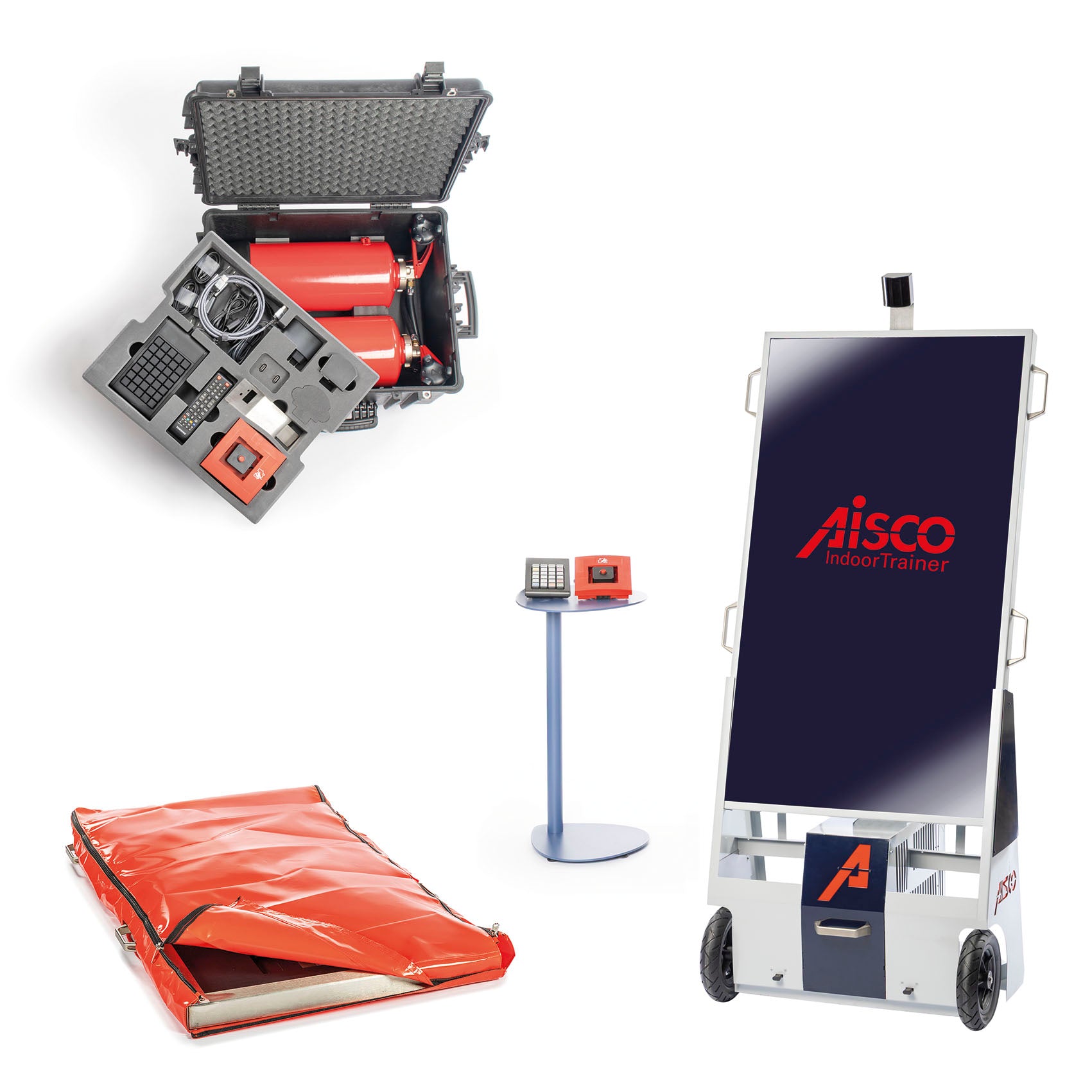 Lieferumfang des AISCO IndoorTrainer mit Zubehörkoffer, Transporttasche und Beistelltisch