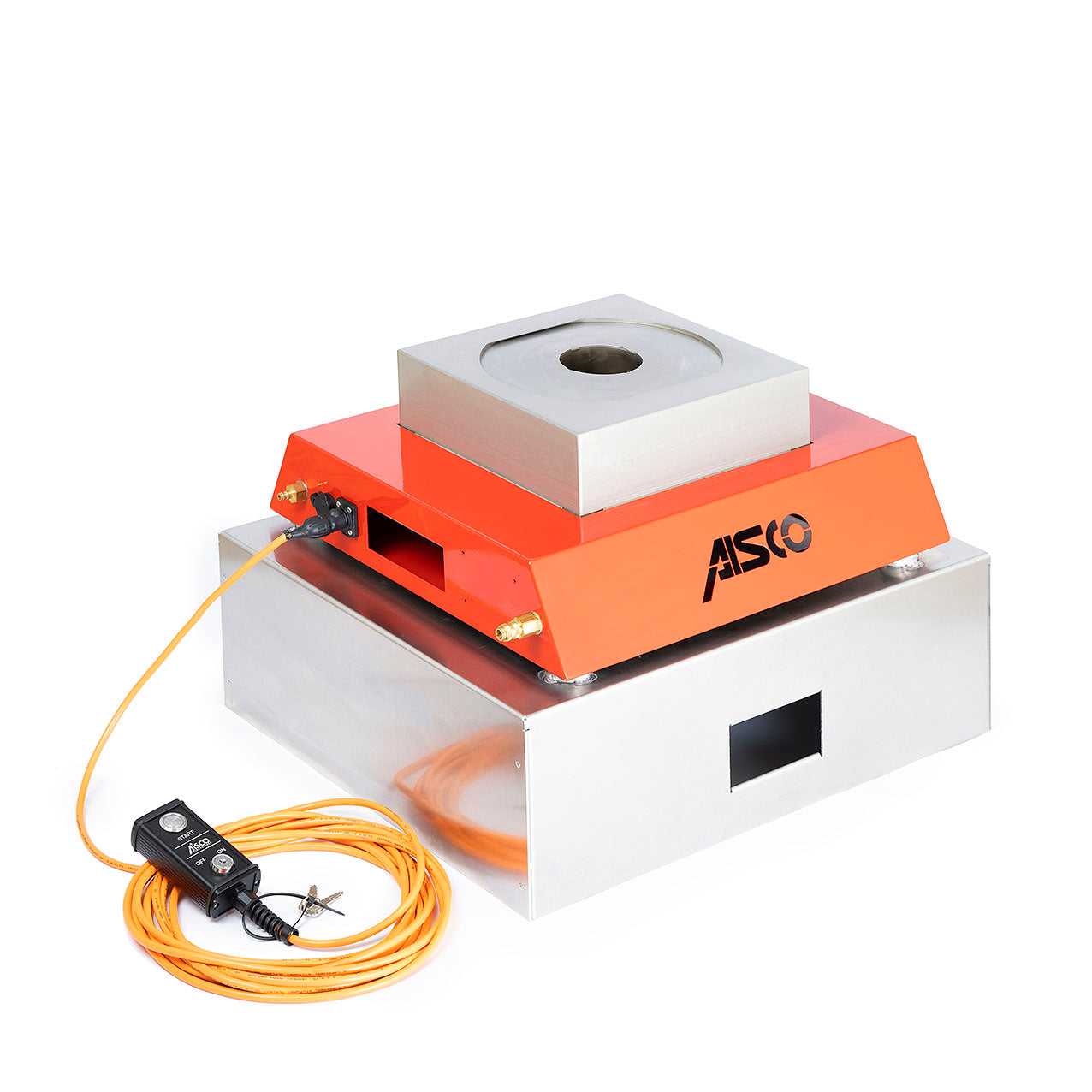 Mobiler AISCO Firetrainer UL 1 in Rot mit Handfernbedienung – platzsparend verstaut auf Transportbox für Brandschutztraining